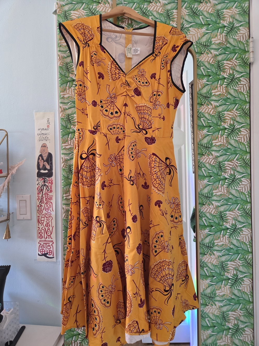Pinup Couture Mustard Yellow Fan-Print Fit & Flare Midi Dress